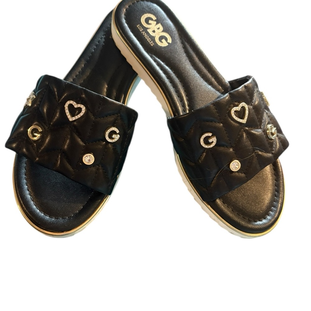 GBG Los Angeles Black Slide Sandals with Gold Accents